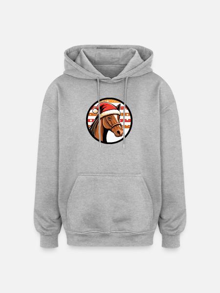 Christmas Horse in Santa Hat - Oversized Unisex Hoodie - heather grey