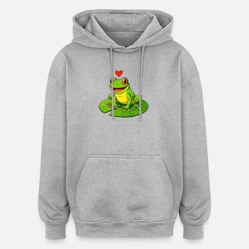 Frosch mit Herz auf Seerose. - Oversized Unisex Hoodie - Grau meliert