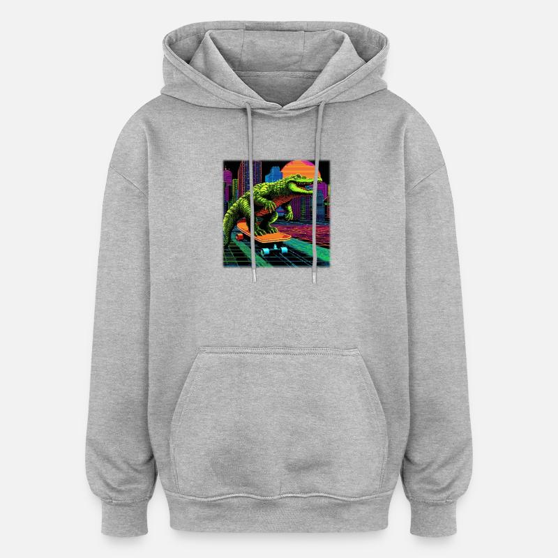 Pixel Art Crocodile – Synthwave rétro skater - Sweat à capuche oversize unisexe - gris chiné