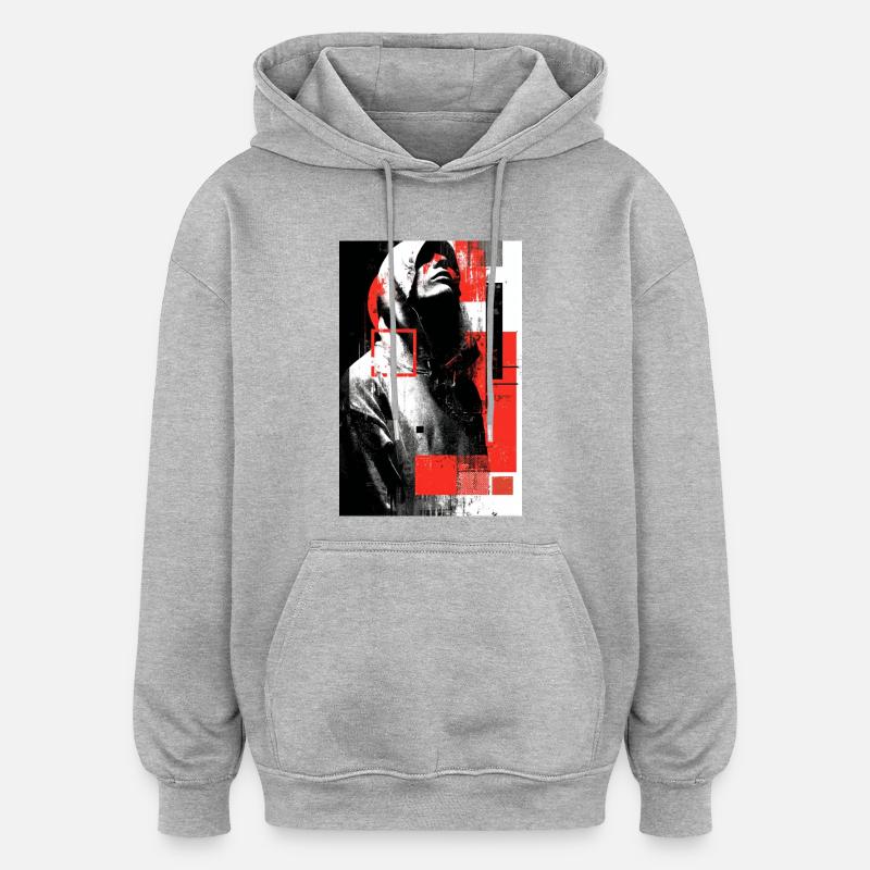 Glitch face en gloss rouge - Sweat à capuche oversize unisexe - gris chiné