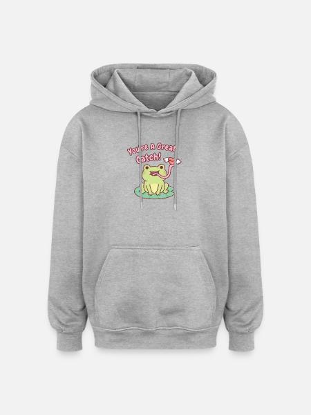 Cute Frog Catches Heart You Are A Great Catch - Oversized Unisex Hoodie - heather grey