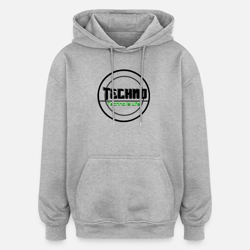 Logo néon Techno is Life - Sweat à capuche oversize unisexe - gris chiné