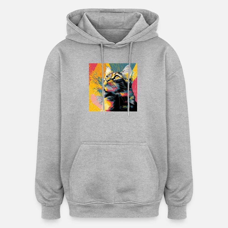 Portrait vif du chat pop - Sweat à capuche oversize unisexe - gris chiné