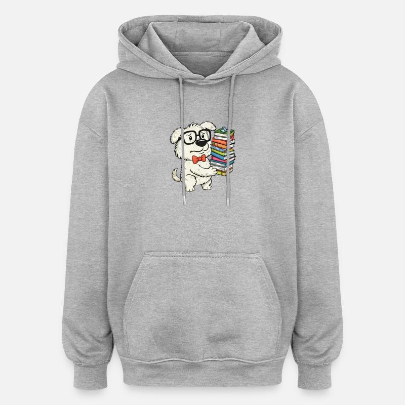 Chiot lecteur et livres empilés - Sweat à capuche oversize unisexe - gris chiné
