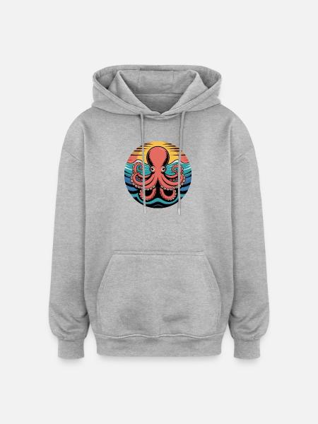 Retro Octopus Sunset Squid Motif - Oversized Unisex Hoodie - heather grey