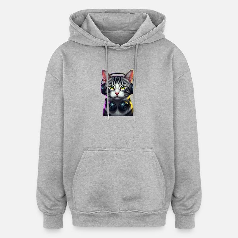 KatzenDJ Neon Kopfhörer Music lover cat - Oversized Unisex Hoodie - Grau meliert