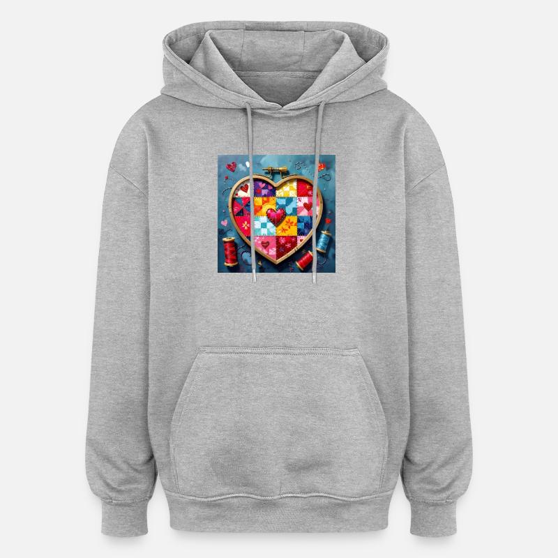 Art patchwork en cœur - Sweat à capuche oversize unisexe - gris chiné