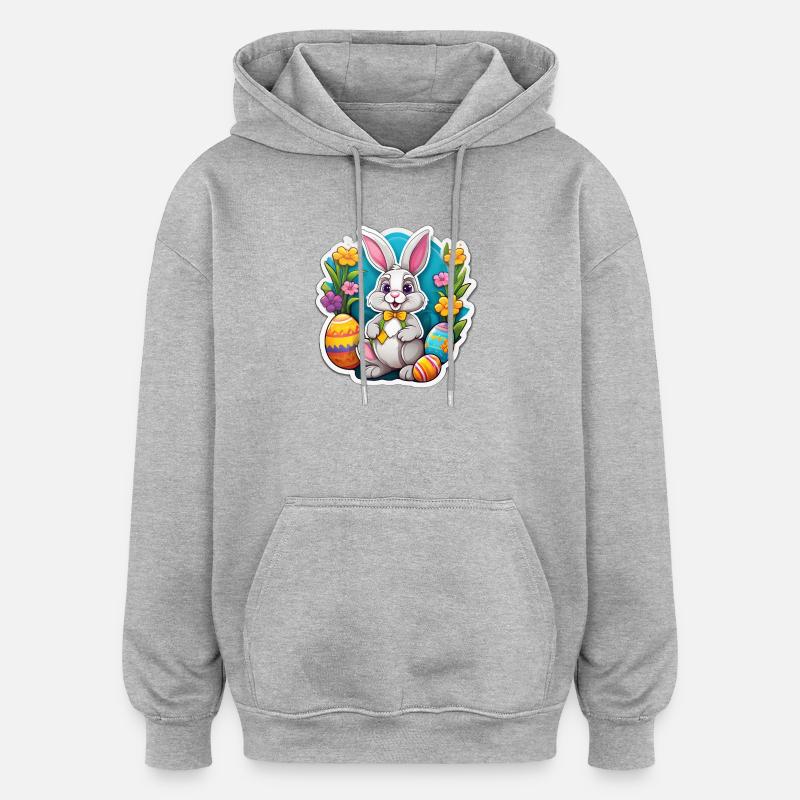 Lapin Pâques Pastel et Œufs Fleuris - Sweat à capuche oversize unisexe - gris chiné