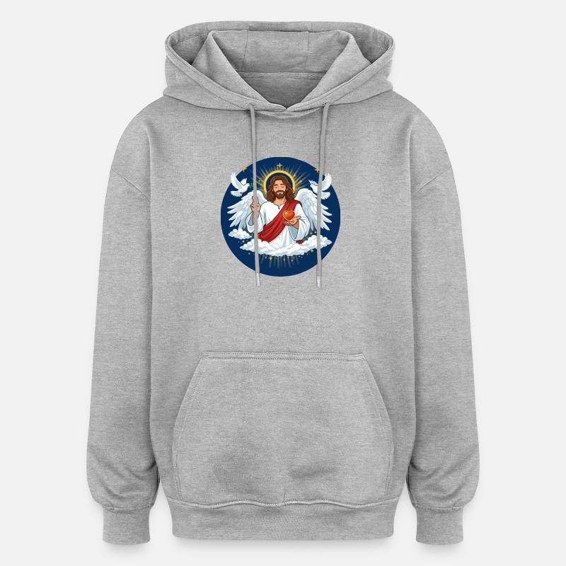 Amour céleste : Jésus avec le cœur - Sweat à capuche oversize unisexe - gris chiné
