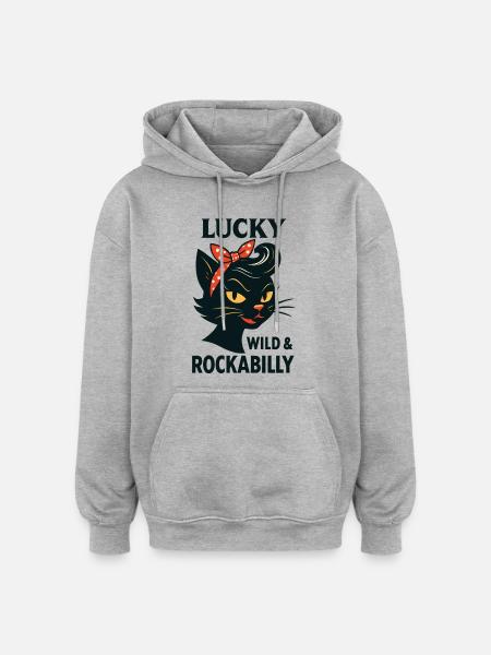 Lucky, Wild & Rockabilly: Black Retro Cat - Oversized Unisex Hoodie - heather grey