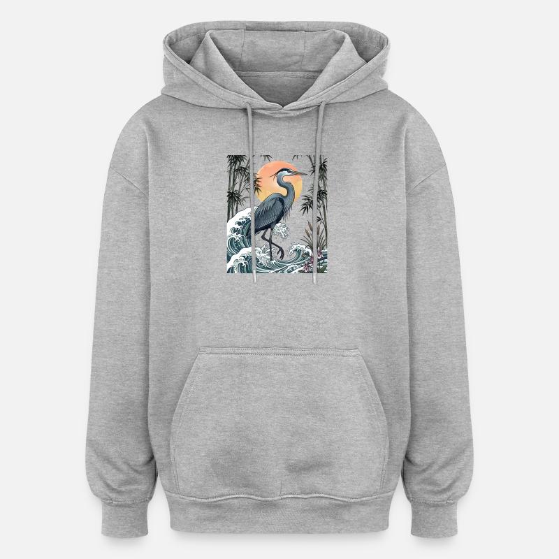Große Blaureiher Great Wave Küstentierkunst - Oversized Unisex Hoodie - Grau meliert