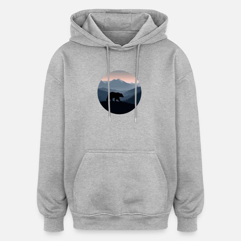 ours, logo ours, paysage - Sweat à capuche oversize unisexe - gris chiné