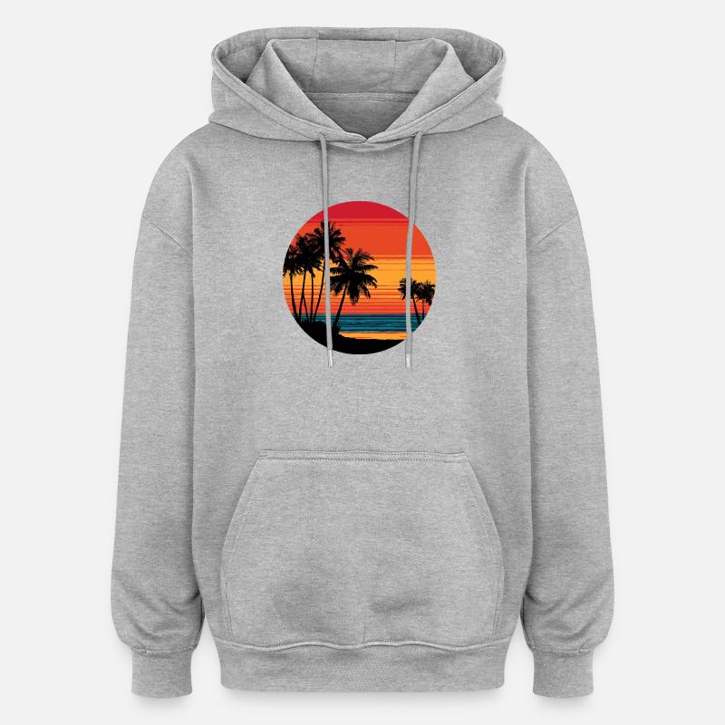Palm Trees Beach Sunset Rétro - Sweat à capuche oversize unisexe - gris chiné