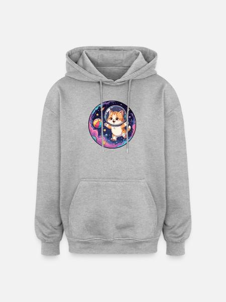 Katzen-Astronaut im bunten All - Oversized Unisex Hoodie - Grau meliert