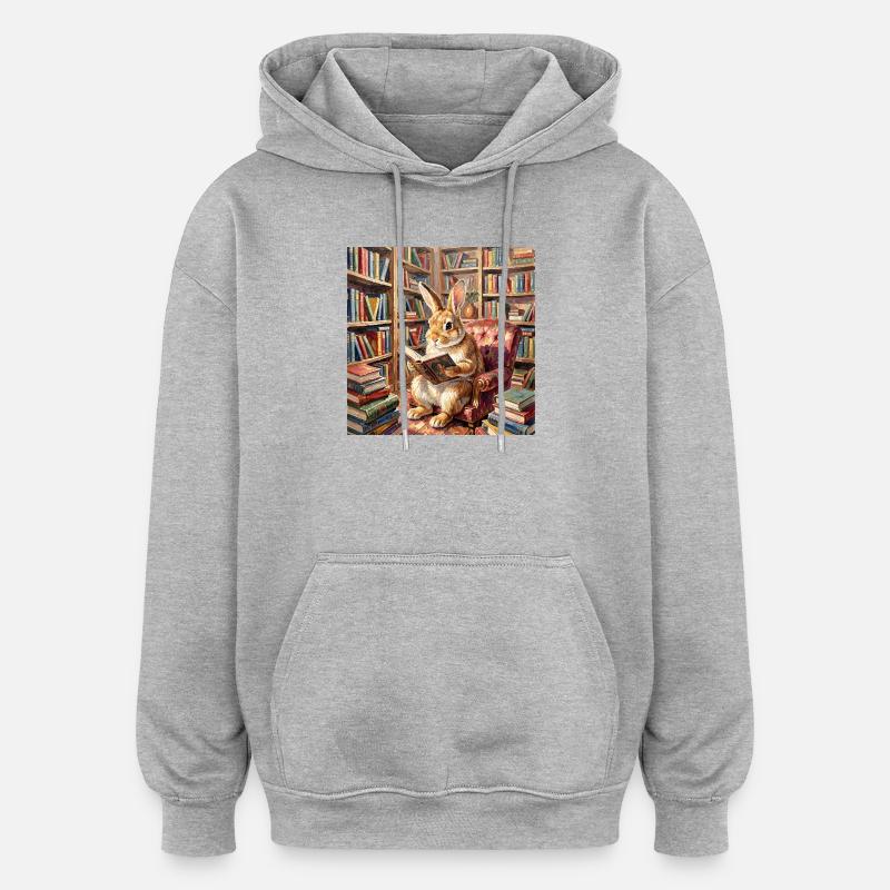 Library Rabbit Reading Portrait - Oversized Unisex Hoodie - heather grey