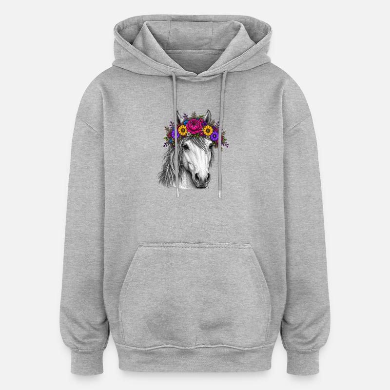 Cheval avec une couronne de fleurs - Sweat à capuche oversize unisexe - gris chiné