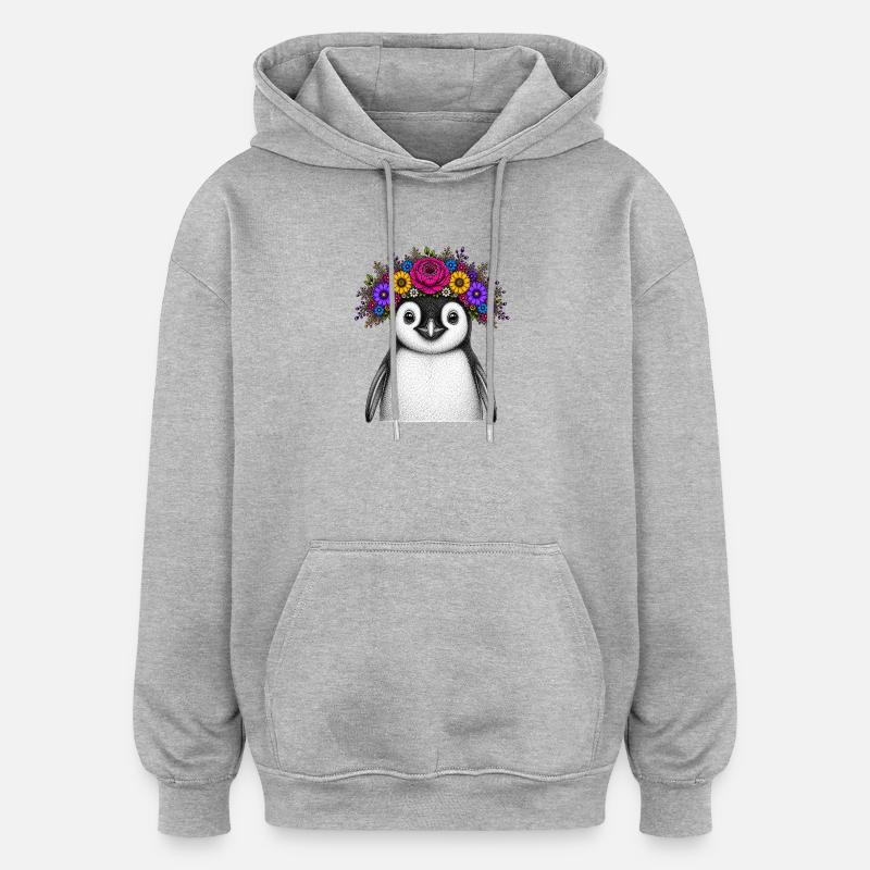 Pinguin mit Blumenkrone - Oversized Unisex Hoodie - Grau meliert