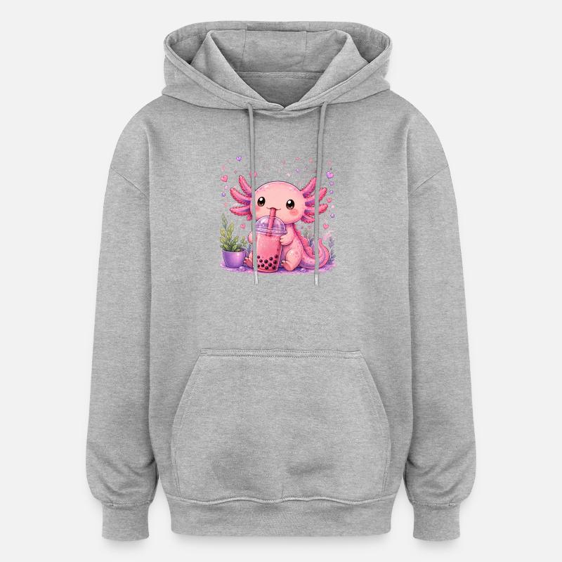 Axolot rose avec bubble tea - Sweat à capuche oversize unisexe - gris chiné