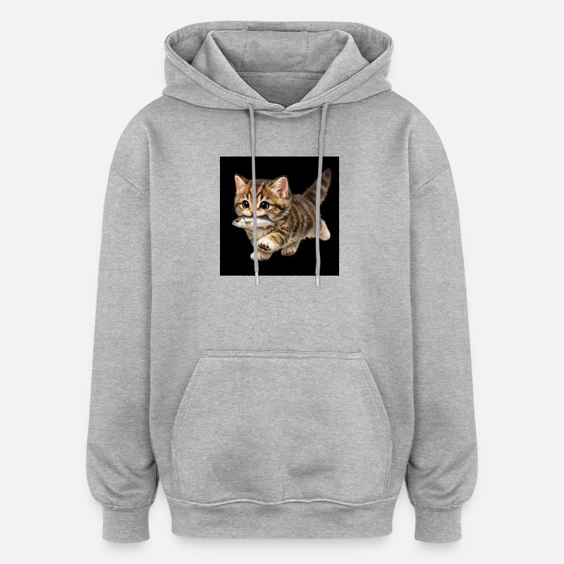 kitten has caught a fish - Oversized Unisex Hoodie - heather grey