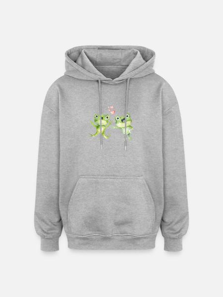 Two cheerful frogs singing with hearts - Oversized Unisex Hoodie - heather grey