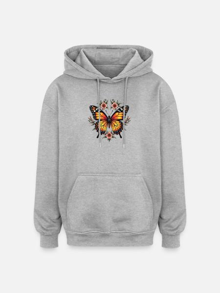 Butterfly wings with flower tendrils - Oversized Unisex Hoodie - heather grey