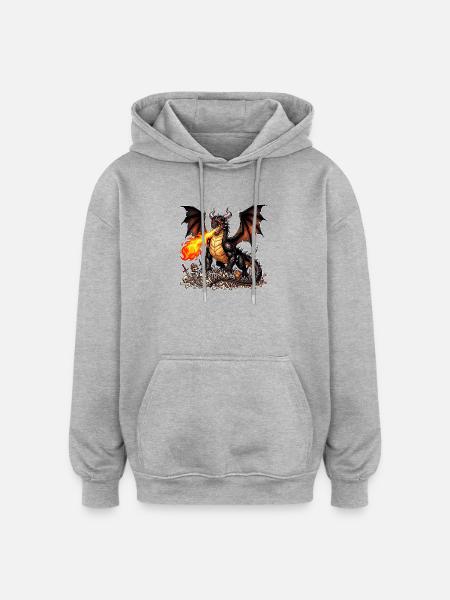 Dragon noir debout sur les squelettes de casse-cou - Sweat à capuche oversize unisexe - gris chiné