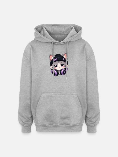Lila DJ-Katze mit Kopfhörern - Oversized Unisex Hoodie - Grau meliert
