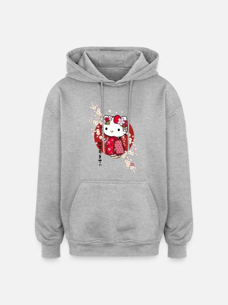 Hello Kitty Dans Un Kimono Avec Des Fleurs - Sweat à capuche oversize unisexe - gris chiné