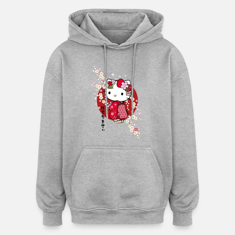 Hello Kitty punaisessa kimonossa ja kirsikankukissa - Unisex oversize huppari - harmaasävyinen