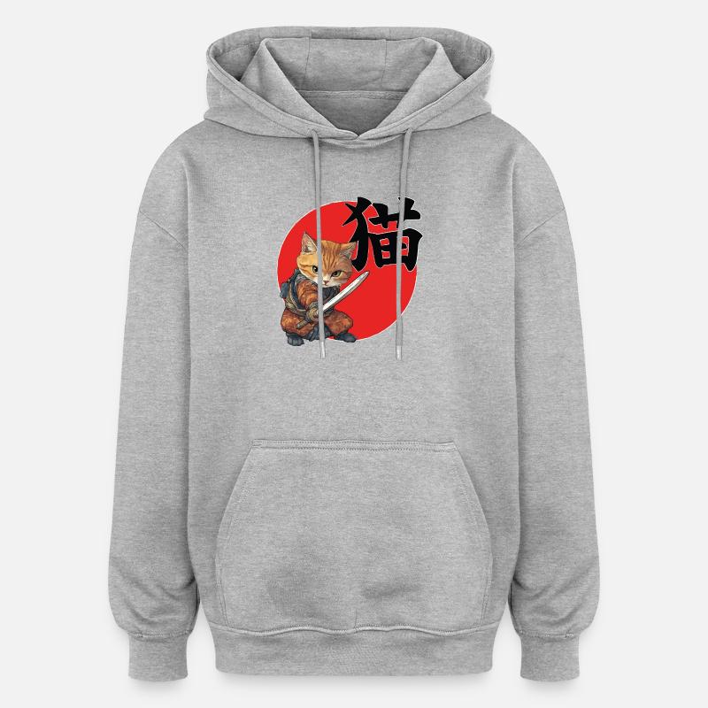 Feline Samurai Illustration Kanji - Oversized Unisex Hoodie - heather grey