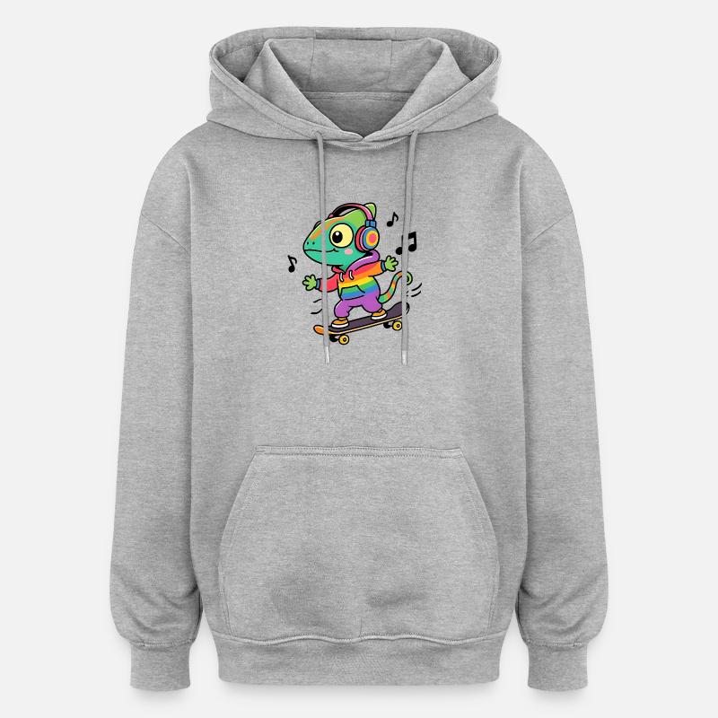 Caméléon Arc en Ciel sur Skate - Sweat à capuche oversize unisexe - gris chiné