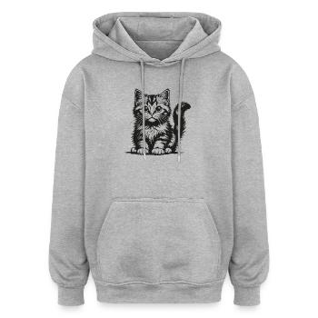 Chat noir en dessin au crayon - Sweat à capuche oversize unisexe - gris chiné - Devant - Noah (186cm)