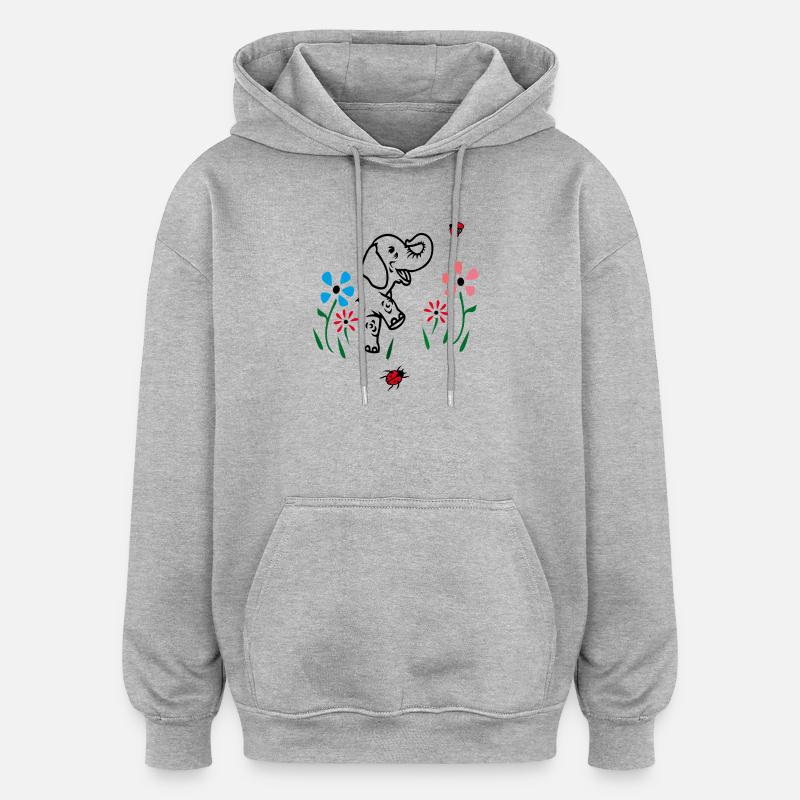 Éléphant sur une prairie fleurie - Sweat à capuche oversize unisexe - gris chiné