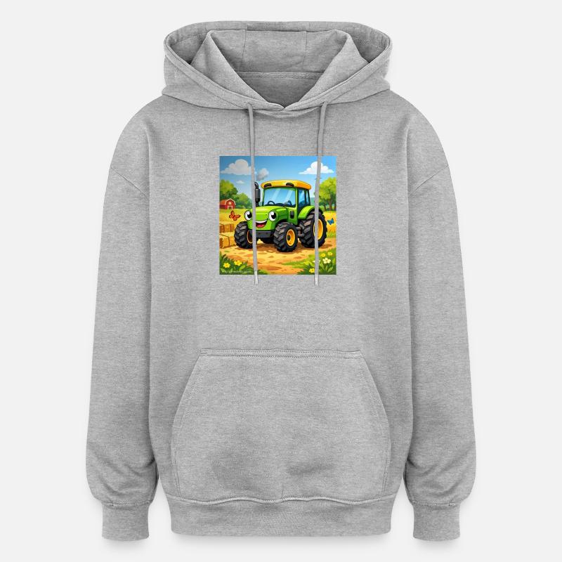 Fröhlicher Grüner Traktor auf Feld - Oversized Unisex Hoodie - Grau meliert