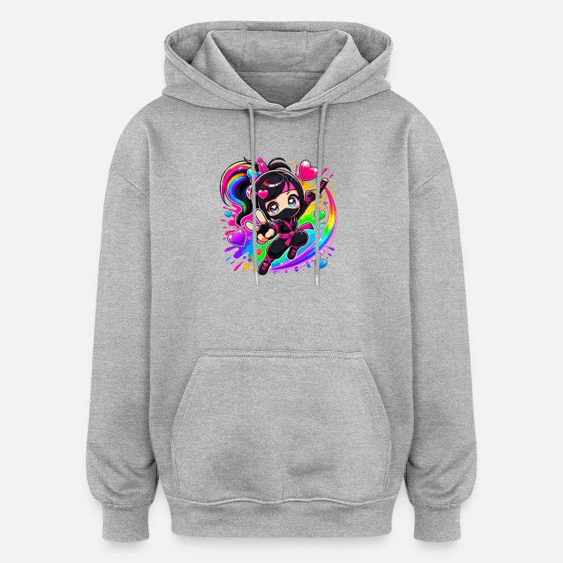 Regenbogen Ninja mit Herzen - Oversized Unisex Hoodie - Grau meliert