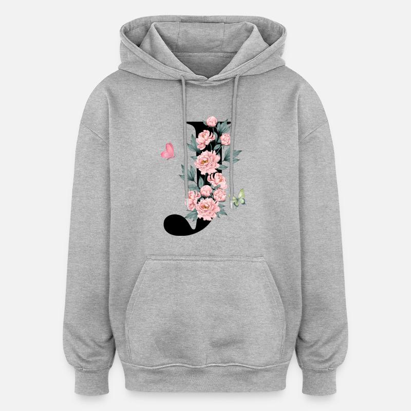 Lettre j fleurs rose - Sweat à capuche oversize unisexe - gris chiné