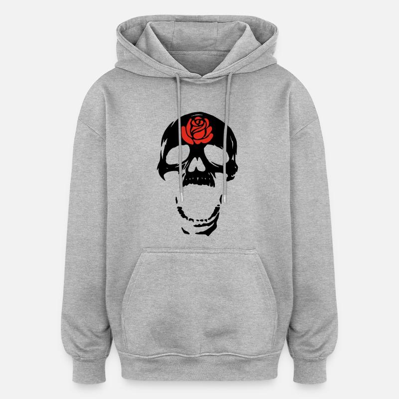 Le crâne noir et la rose - Sweat à capuche oversize unisexe - gris chiné