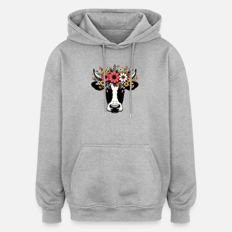 Vache avec des fleurs - Sweat à capuche oversize unisexe - gris chiné
