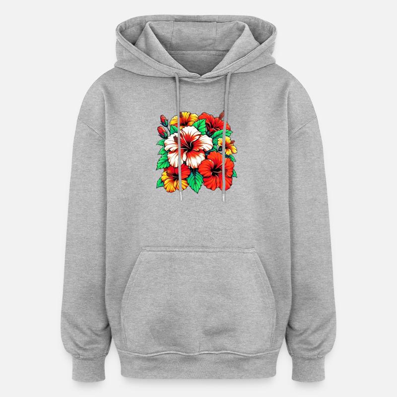 Fleurs d’hibiscus - Sweat à capuche oversize unisexe - gris chiné