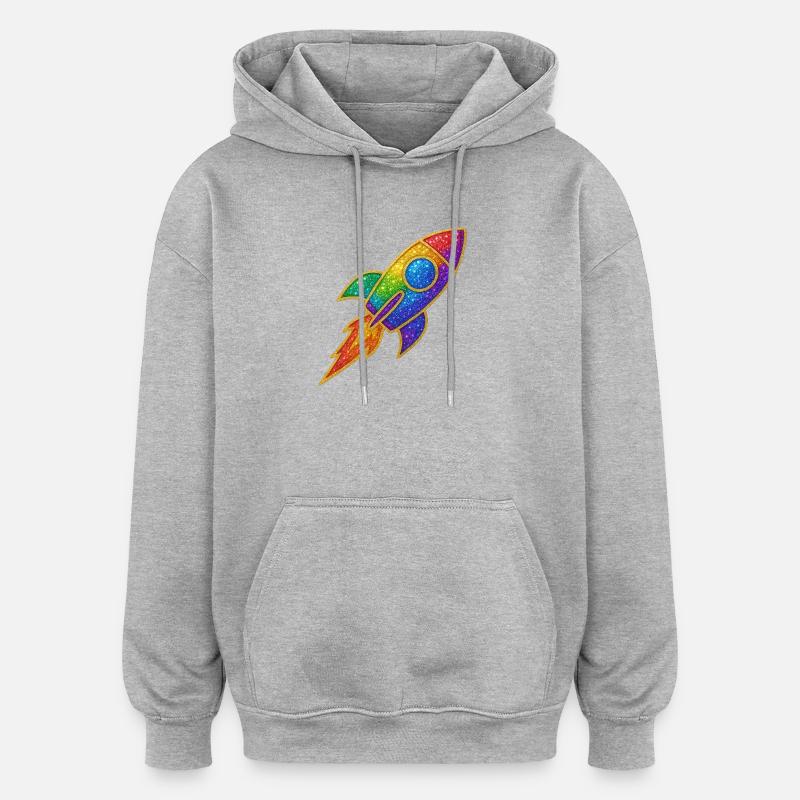 Motif de fusée arc-en-ciel à paillettes - Sweat à capuche oversize unisexe - gris chiné
