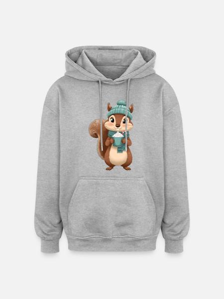Winter squirrel with hot drink - Oversized Unisex Hoodie - heather grey