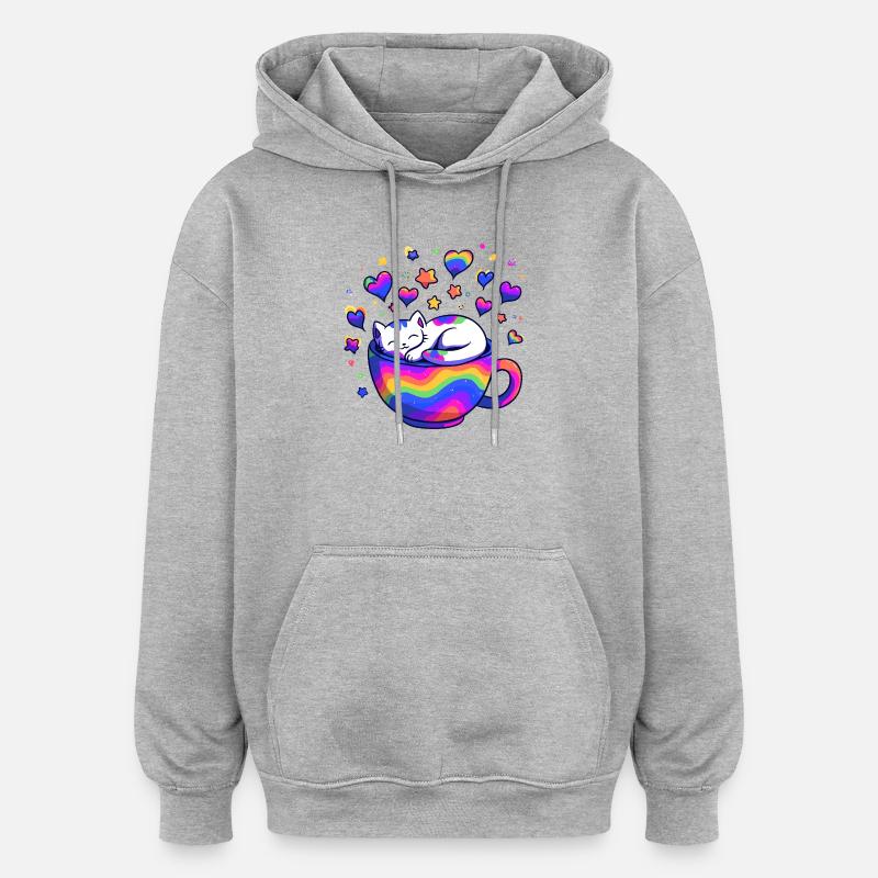 Chat arc-en-ciel dans une tasse - Sweat à capuche oversize unisexe - gris chiné