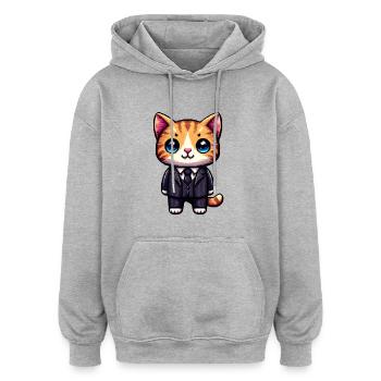Chat Pixel Art - Sweat à capuche oversize unisexe - gris chiné - Devant - Noah (186cm)