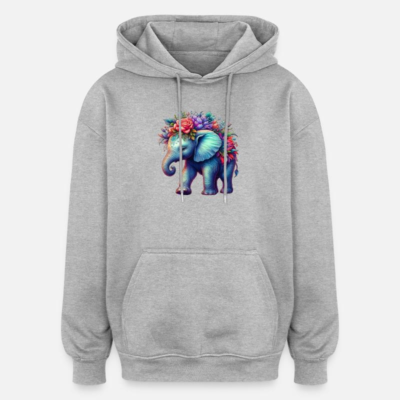 Éléphant avec des fleurs - Sweat à capuche oversize unisexe - gris chiné
