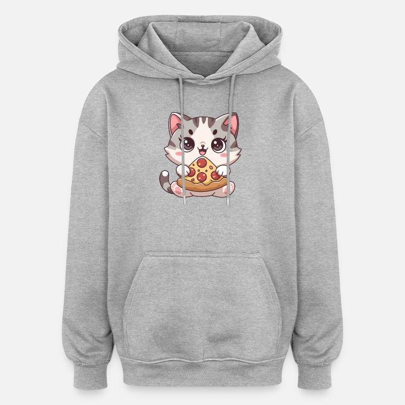 Chat mignon mangeant une pizza - Sweat à capuche oversize unisexe - gris chiné