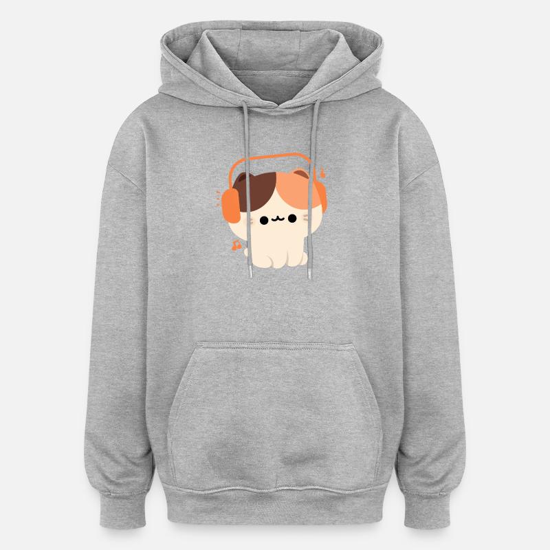 Chat kawaii avec casque design - Sweat à capuche oversize unisexe - gris chiné