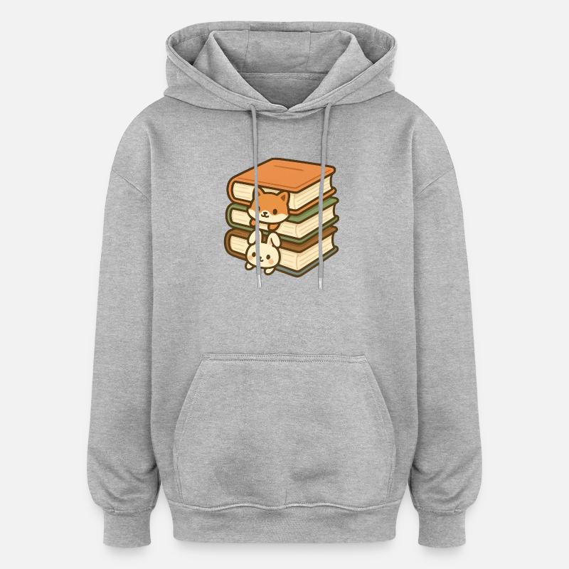 Duo de piles de livres kawaii - Sweat à capuche oversize unisexe - gris chiné