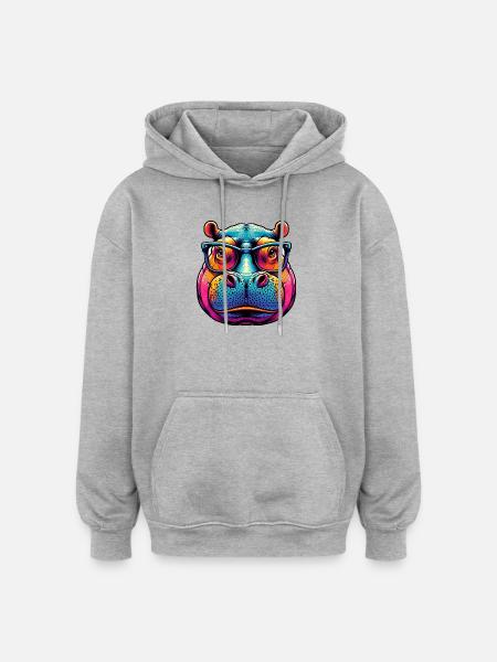 Hippopotamus with Glasses - Oversized Unisex Hoodie - heather grey