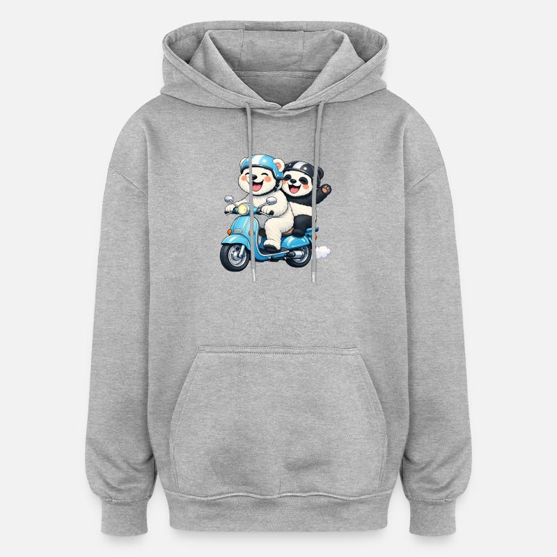 Orso Polare e Panda su uno scooter - Felpa con cappuccio unisex oversize - grigio melange