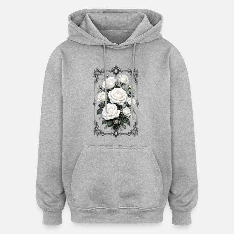 Roses, Roses blanches, Roses et Fleurs - Sweat à capuche oversize unisexe - gris chiné